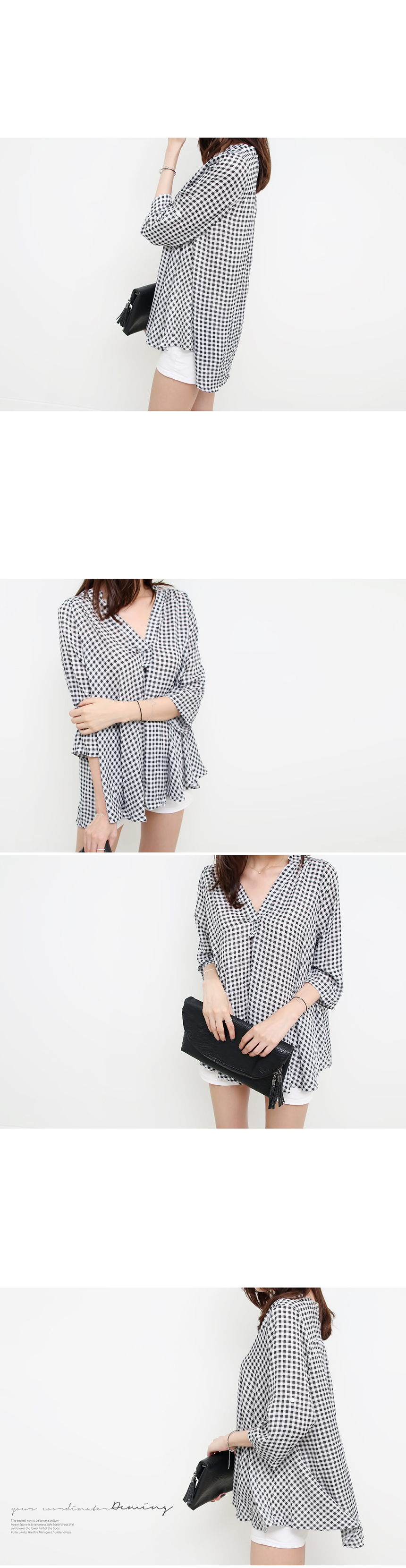 Women Blouses Dimming Check Blouse V neck