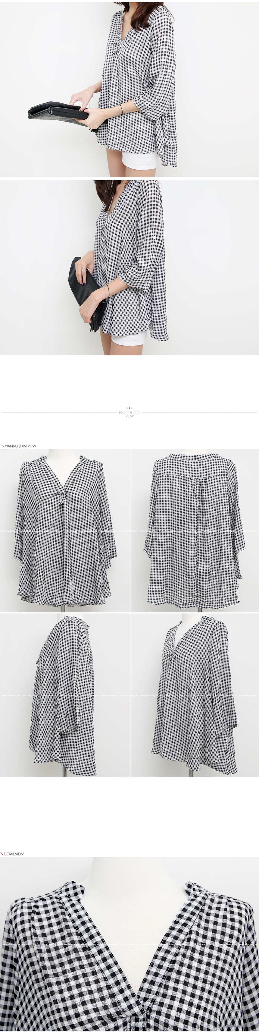 Women Blouses Dimming Check Blouse V neck