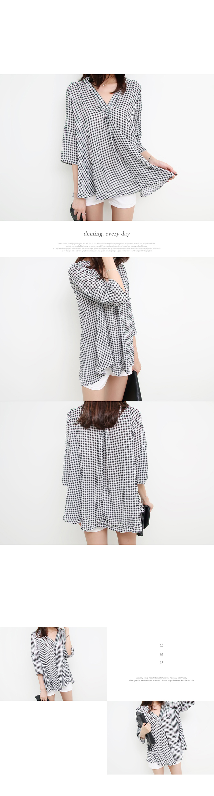 Women Blouses Dimming Check Blouse V neck