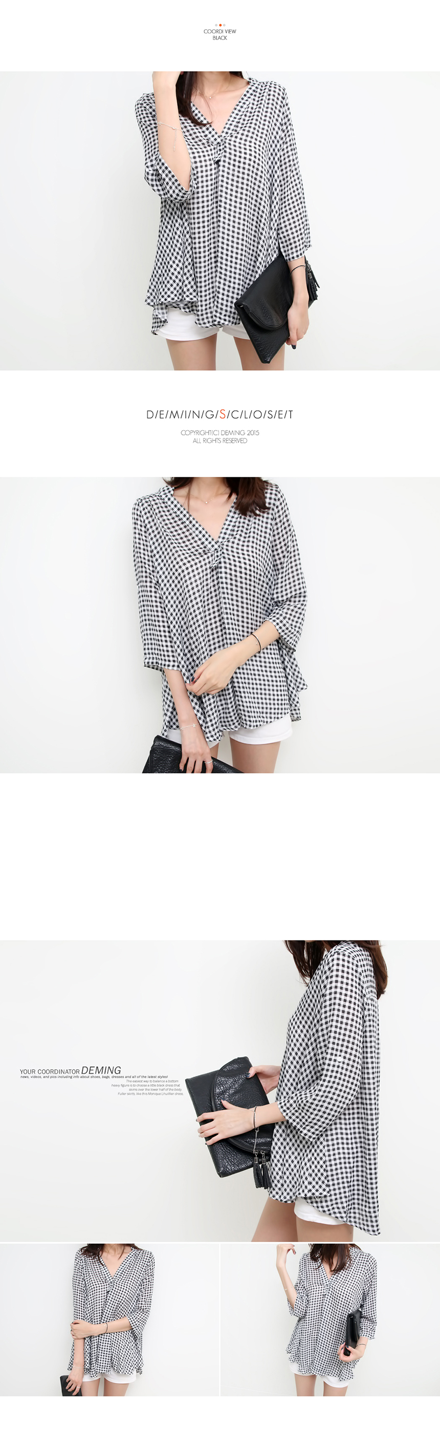 Women Blouses Dimming Check Blouse V neck