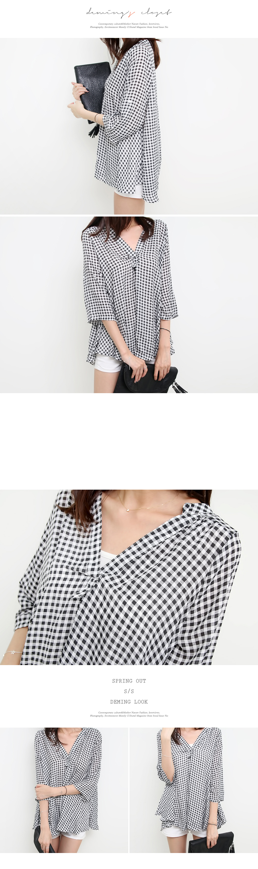 Women Blouses Dimming Check Blouse V neck
