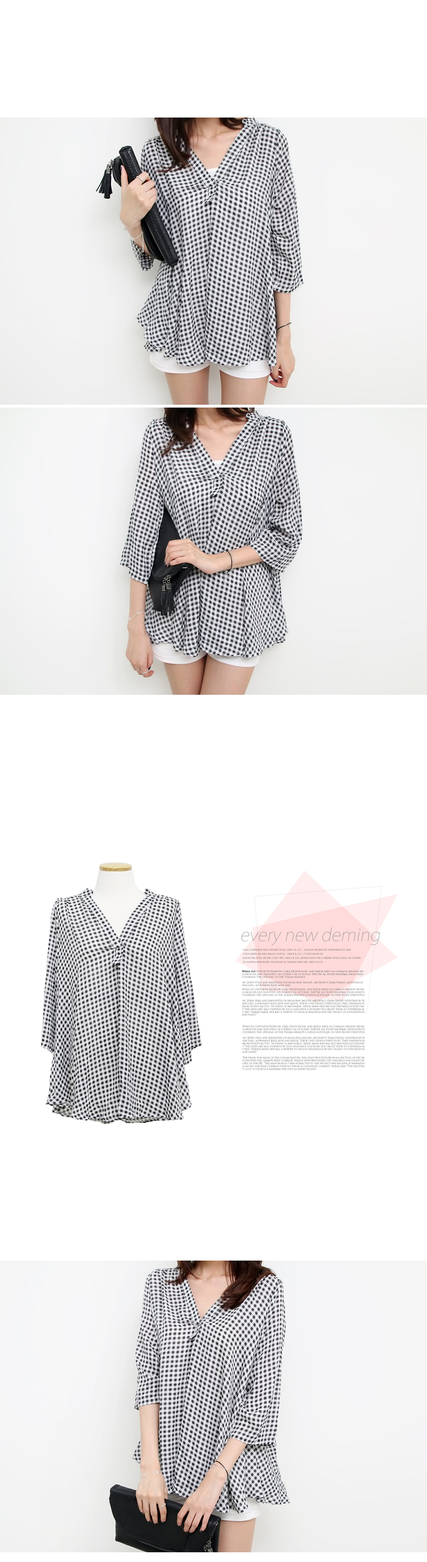 Women Blouses Dimming Check Blouse V neck