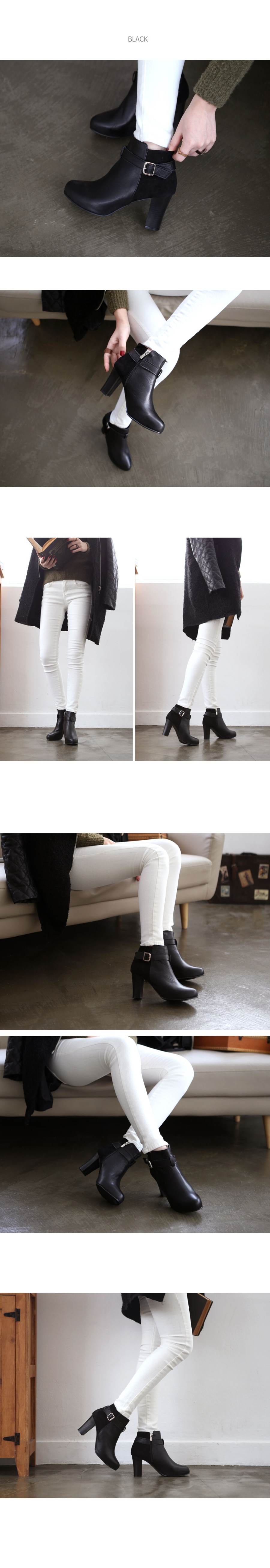 Leather suede color buckle zipper Ankle boots heel