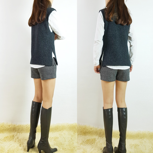 Women Short Pants Herringbone check wool short 3 p