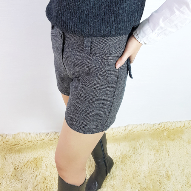 Women Short Pants Herringbone check wool short 3 p