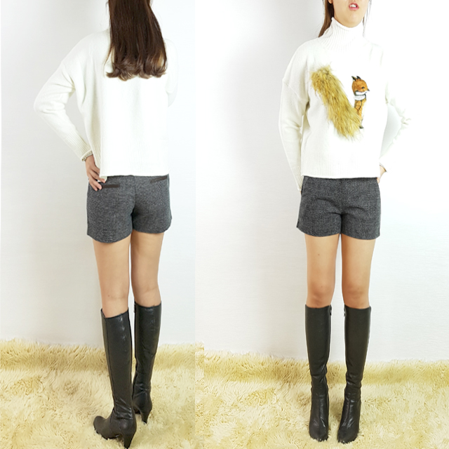 Women Short Pants Herringbone check wool short 3 p