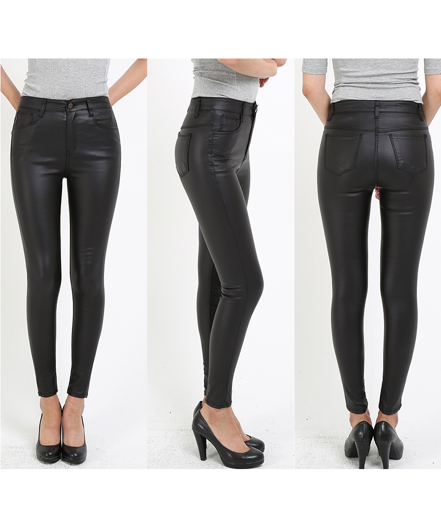 Women Jeans Pants Coated Jean High-Waist Leather P