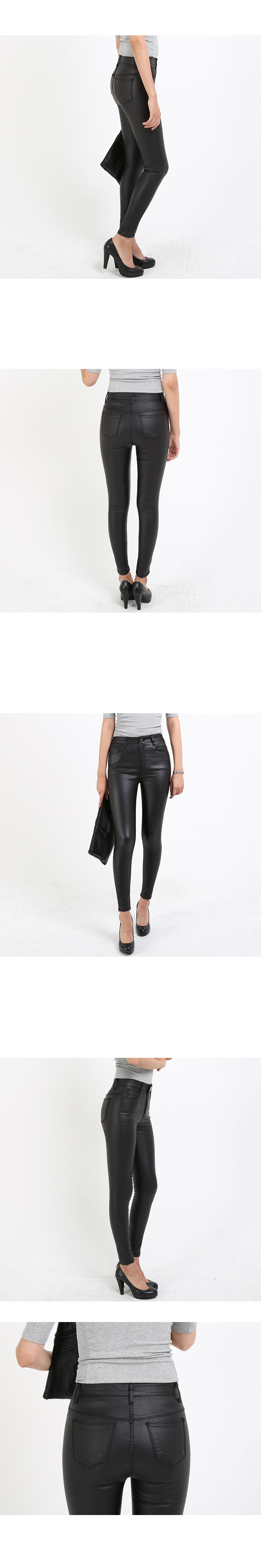 Women Jeans Pants Coated Jean High-Waist Leather P