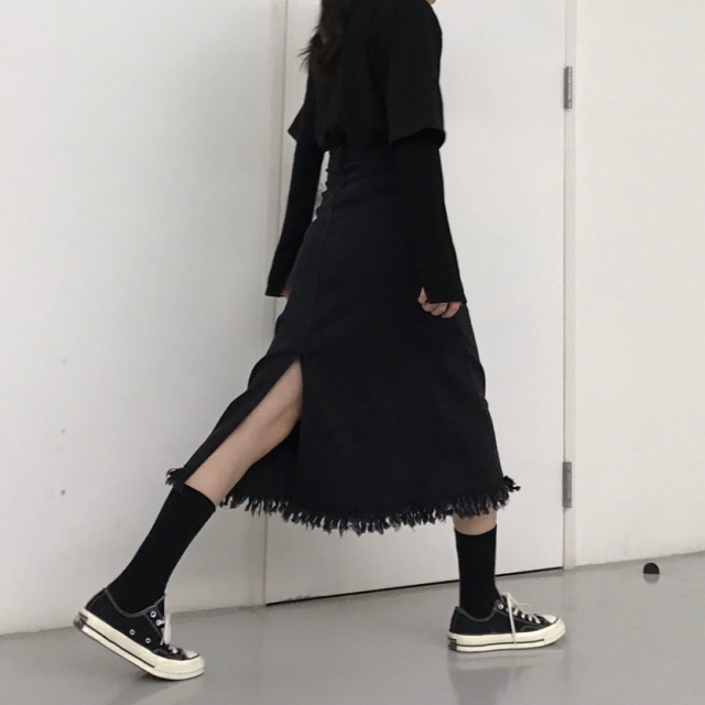 Denim Skirt High Waist Black Chunky Black Top Long