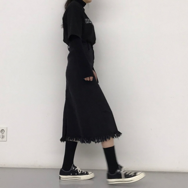 Denim Skirt High Waist Black Chunky Black Top Long