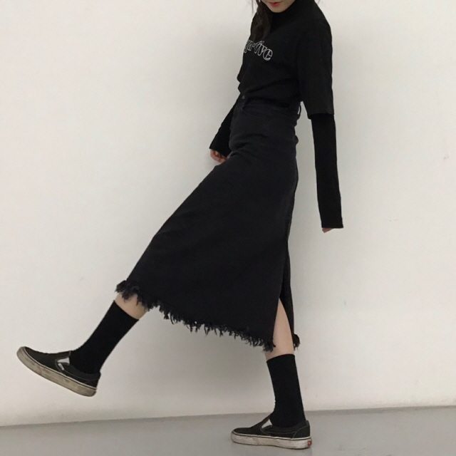 Denim Skirt High Waist Black Chunky Black Top Long