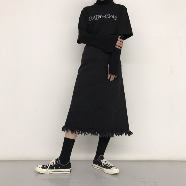 Denim Skirt High Waist Black Chunky Black Top Long