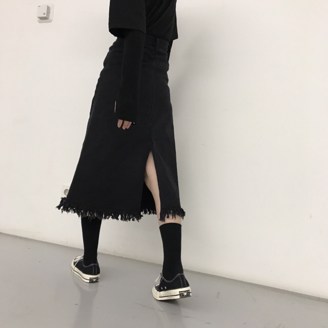 Denim Skirt High Waist Black Chunky Black Top Long