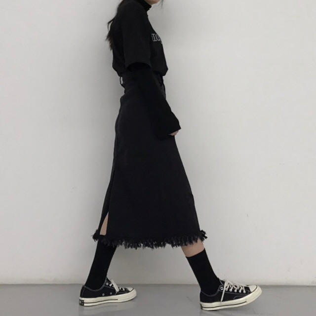 Denim Skirt High Waist Black Chunky Black Top Long