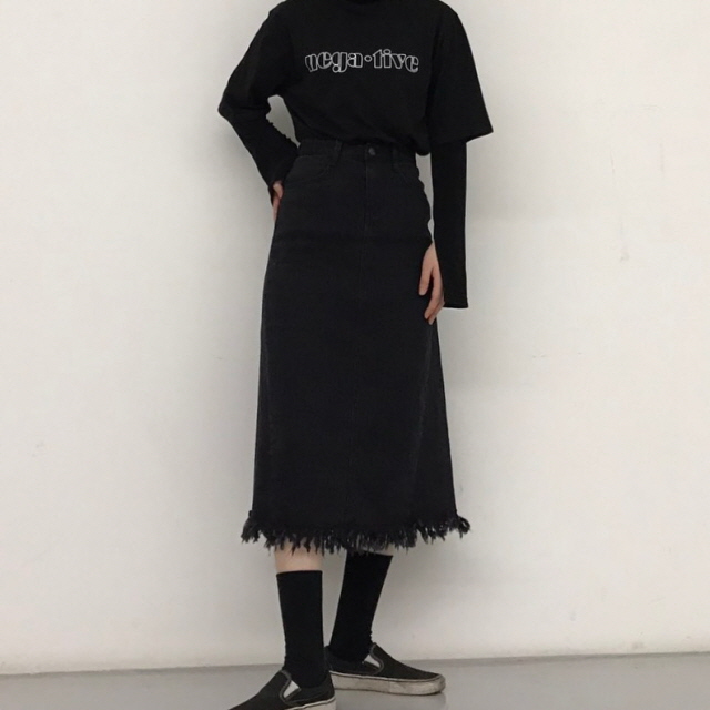 Denim Skirt High Waist Black Chunky Black Top Long