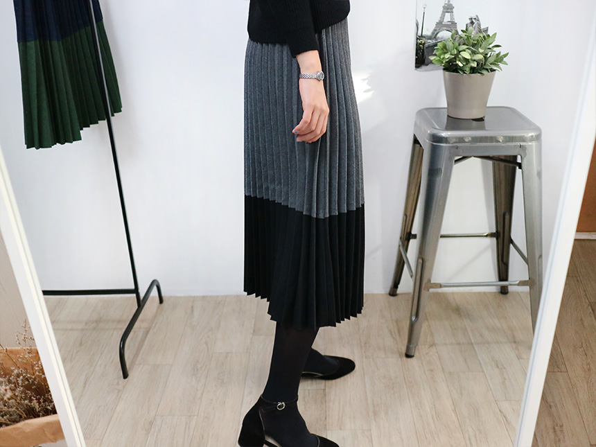 Colored woolen pleats Long skirt Winter banding Pl