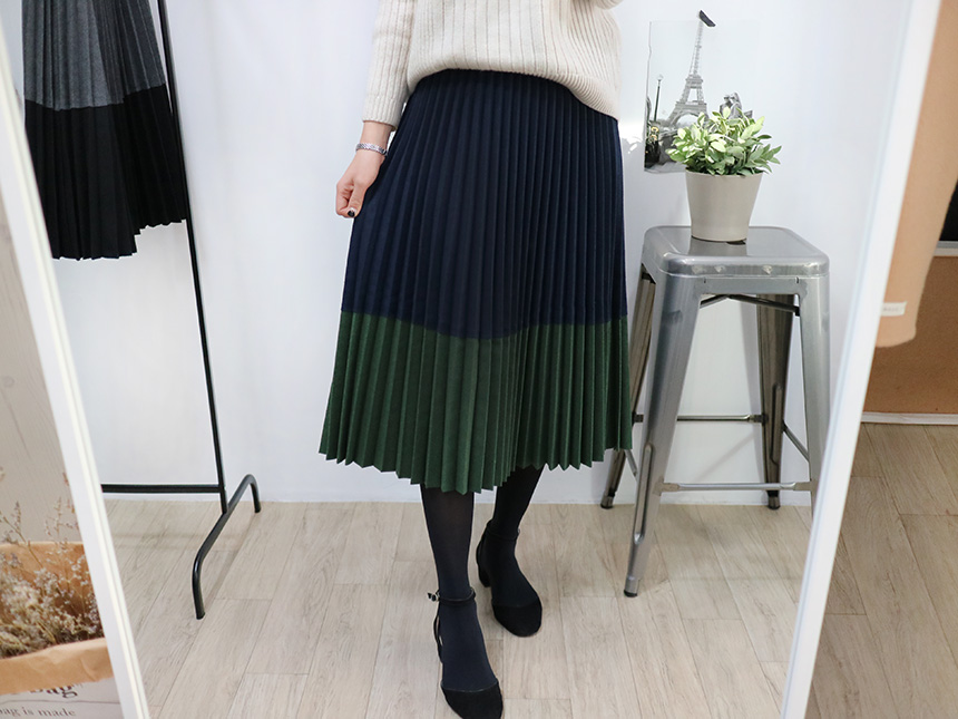 Colored woolen pleats Long skirt Winter banding Pl