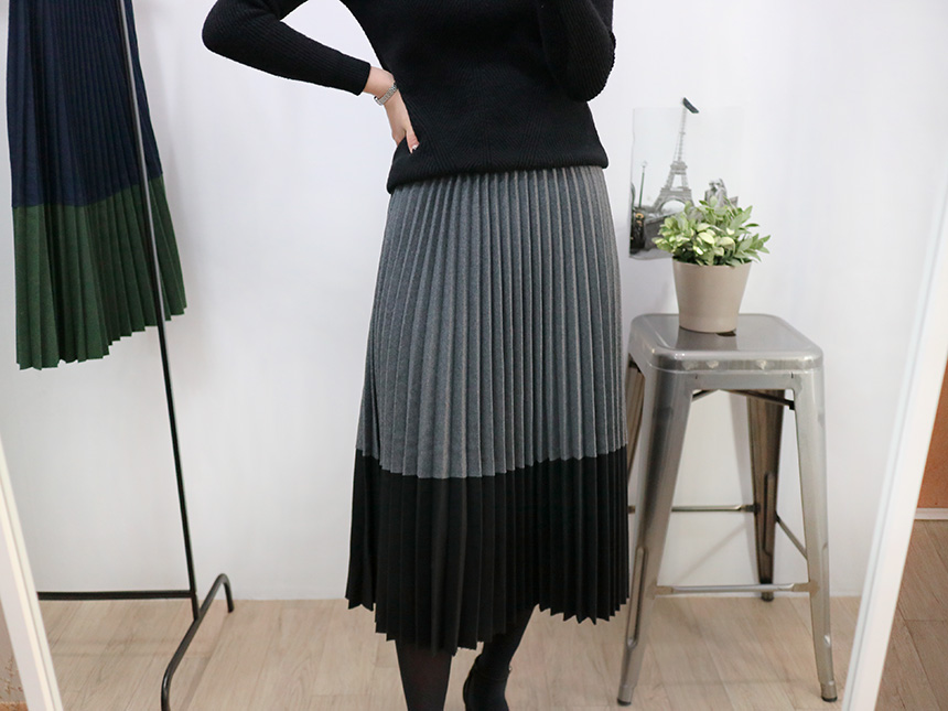 Colored woolen pleats Long skirt Winter banding Pl