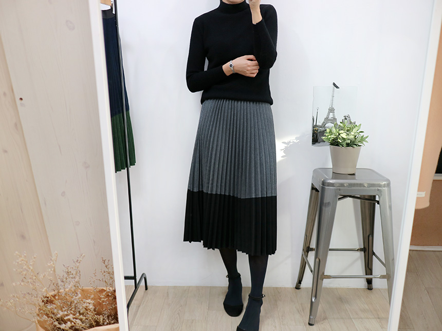 Colored woolen pleats Long skirt Winter banding Pl