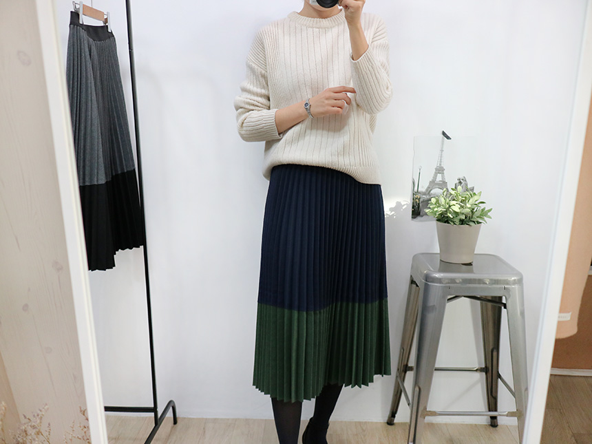 Colored woolen pleats Long skirt Winter banding Pl