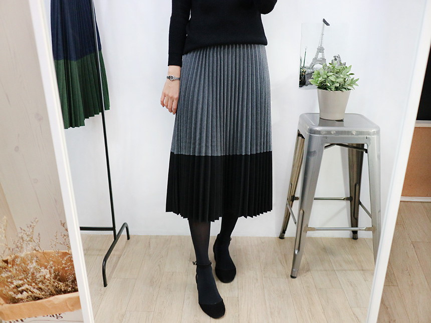Colored woolen pleats Long skirt Winter banding Pl