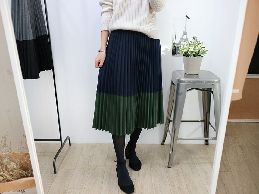 Colored woolen pleats Long skirt Winter banding Pl