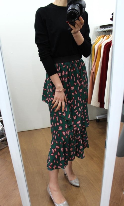 Chiffon Canvas Long Skirt Green Black Flower Midi 