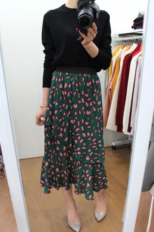 Chiffon Canvas Long Skirt Green Black Flower Midi 