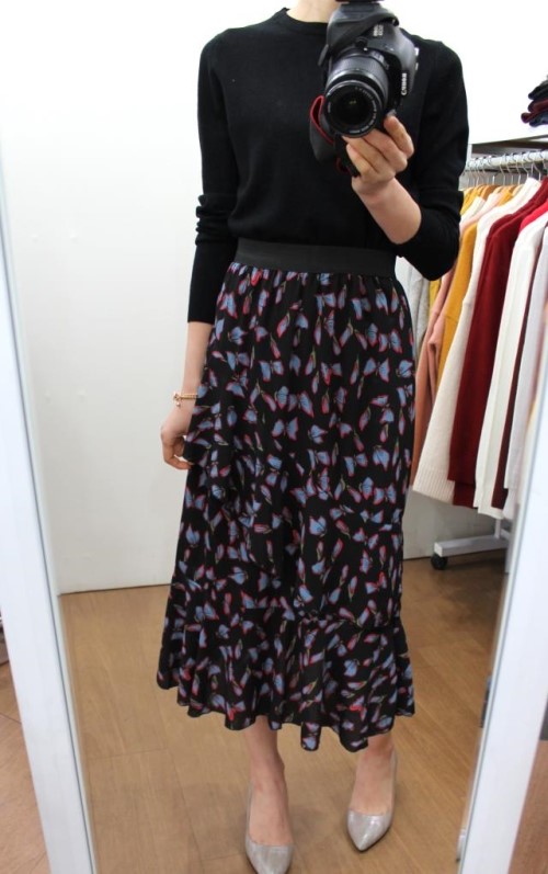Chiffon Canvas Long Skirt Green Black Flower Midi 