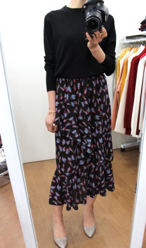 Chiffon Canvas Long Skirt Green Black Flower Midi 
