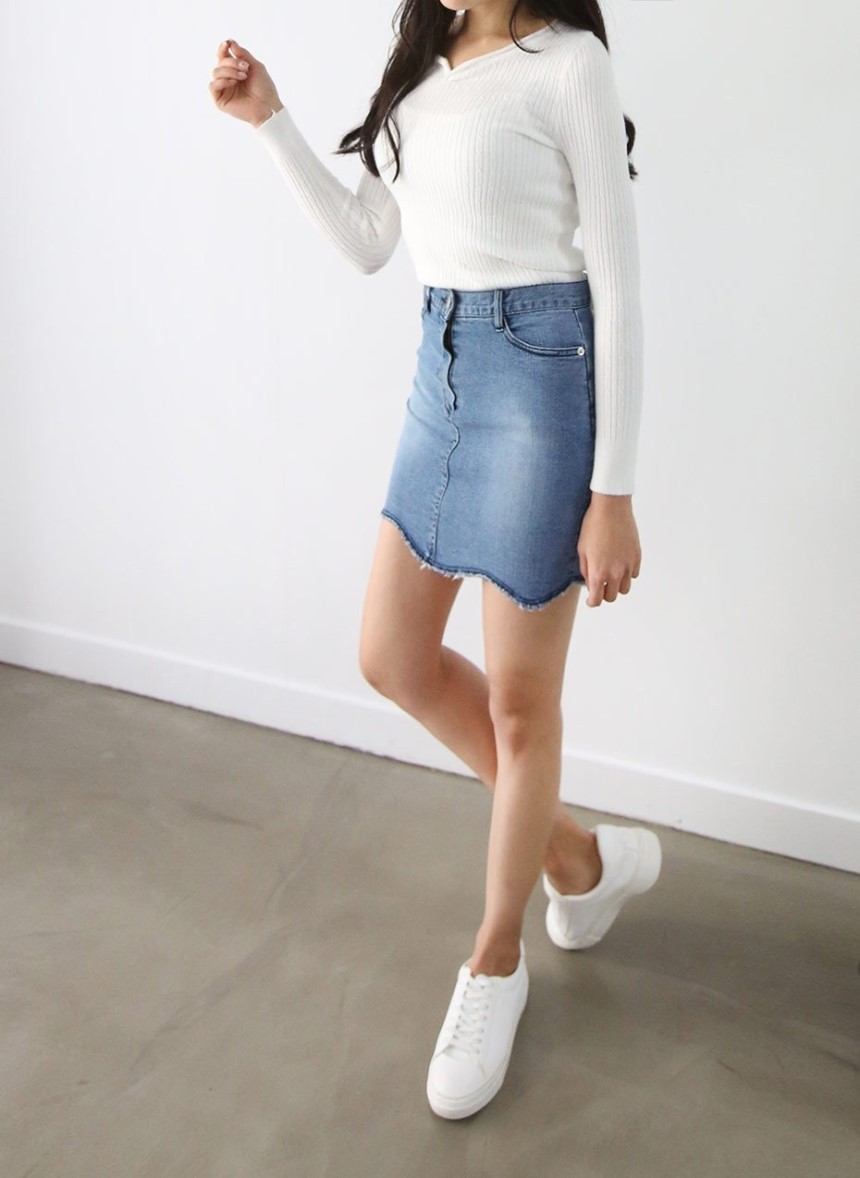 Denim Skirt Sail Wave Span H Line Lacquer Mini Den