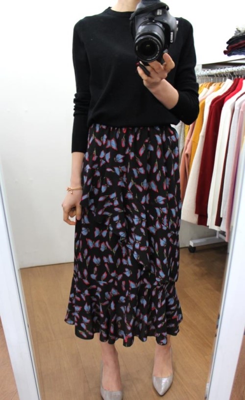 Chiffon Canvas Long Skirt Green Black Flower Midi 