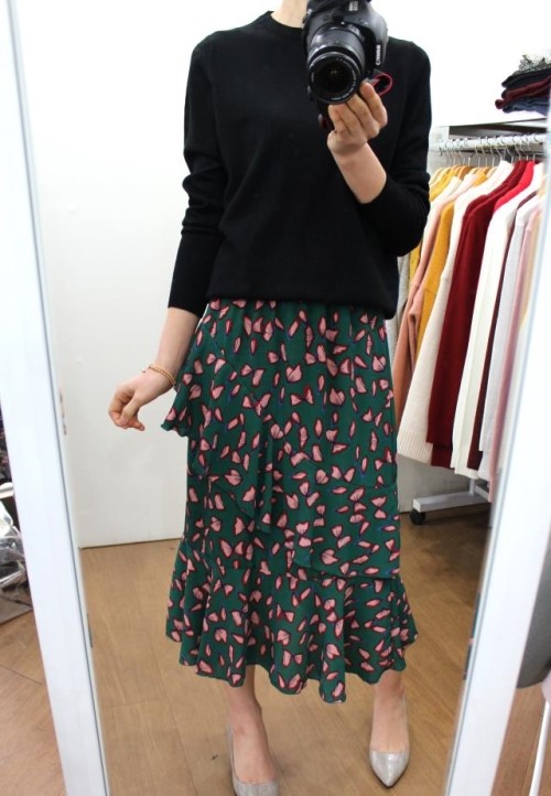 Chiffon Canvas Long Skirt Green Black Flower Midi 