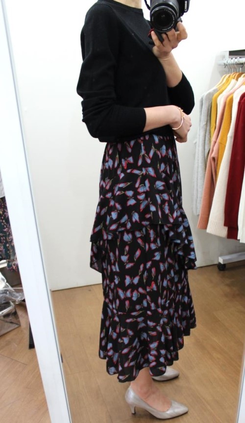 Chiffon Canvas Long Skirt Green Black Flower Midi 