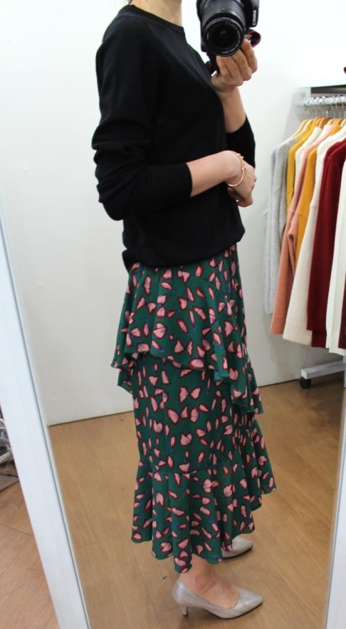 Chiffon Canvas Long Skirt Green Black Flower Midi 