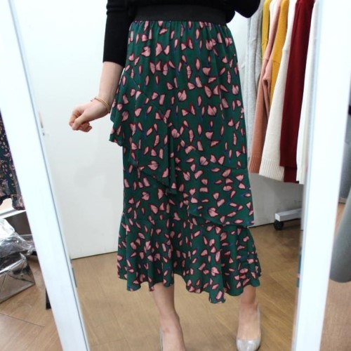 Chiffon Canvas Long Skirt Green Black Flower Midi 