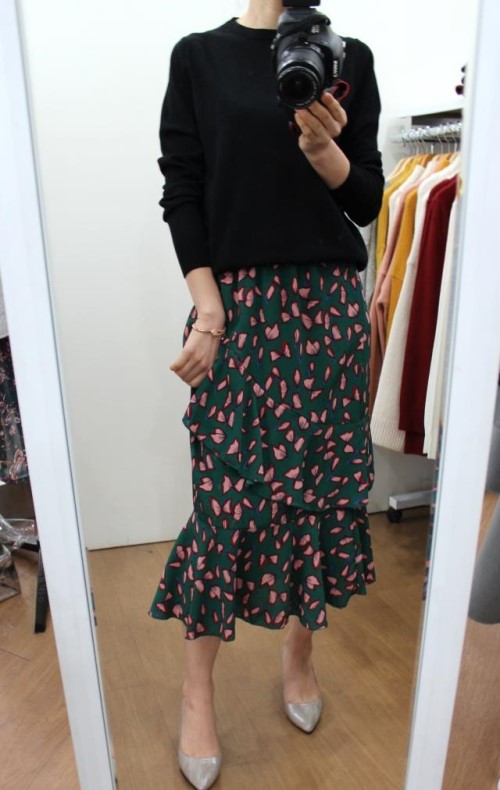 Chiffon Canvas Long Skirt Green Black Flower Midi 