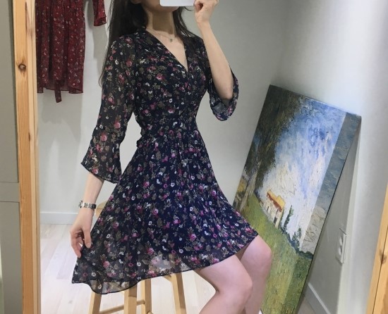 New Women Dress V Neck Flower Chiffon One Piece Fr
