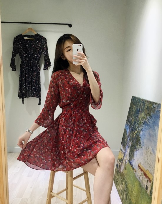 New Women Dress V Neck Flower Chiffon One Piece Fr