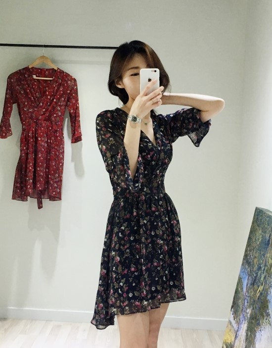 New Women Dress V Neck Flower Chiffon One Piece Fr
