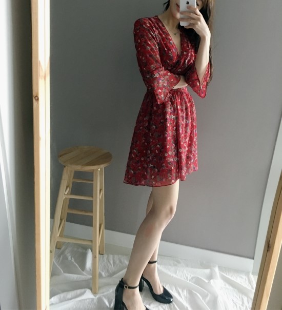 New Women Dress V Neck Flower Chiffon One Piece Fr