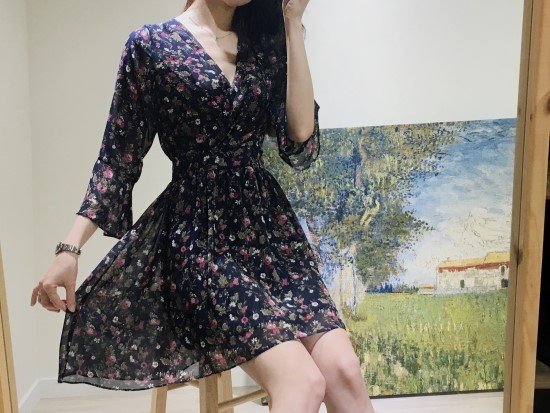 New Women Dress V Neck Flower Chiffon One Piece Fr
