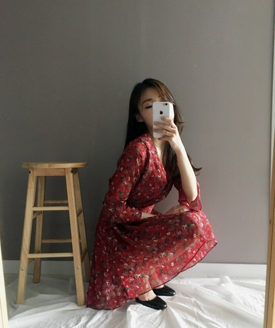 New Women Dress V Neck Flower Chiffon One Piece Fr