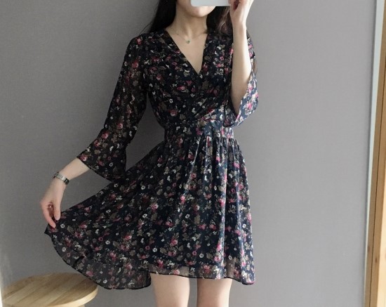 New Women Dress V Neck Flower Chiffon One Piece Fr