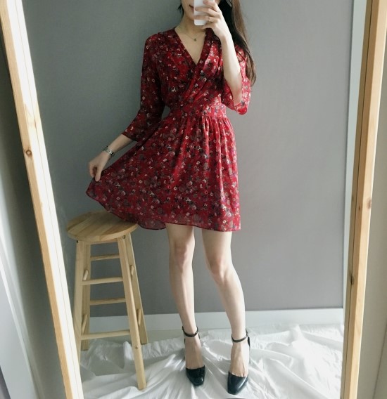 New Women Dress V Neck Flower Chiffon One Piece Fr