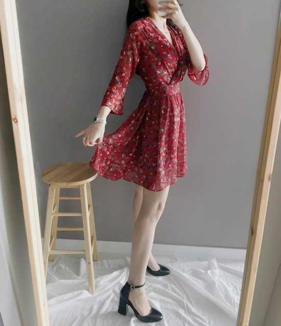 New Women Dress V Neck Flower Chiffon One Piece Fr