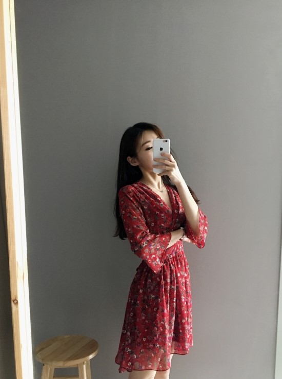 New Women Dress V Neck Flower Chiffon One Piece Fr