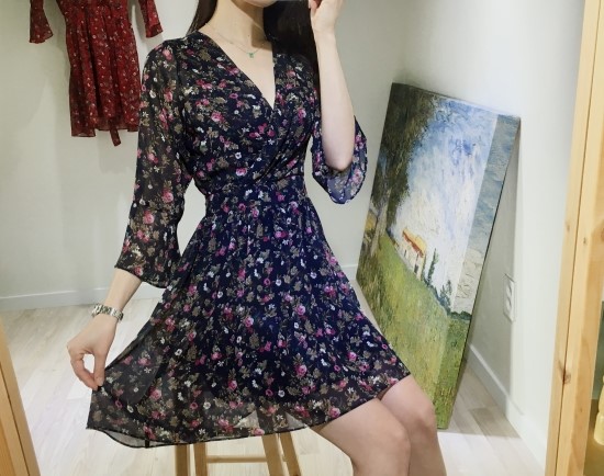 New Women Dress V Neck Flower Chiffon One Piece Fr
