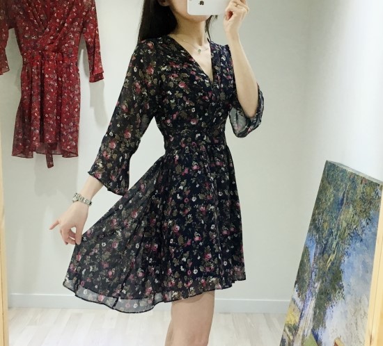 New Women Dress V Neck Flower Chiffon One Piece Fr