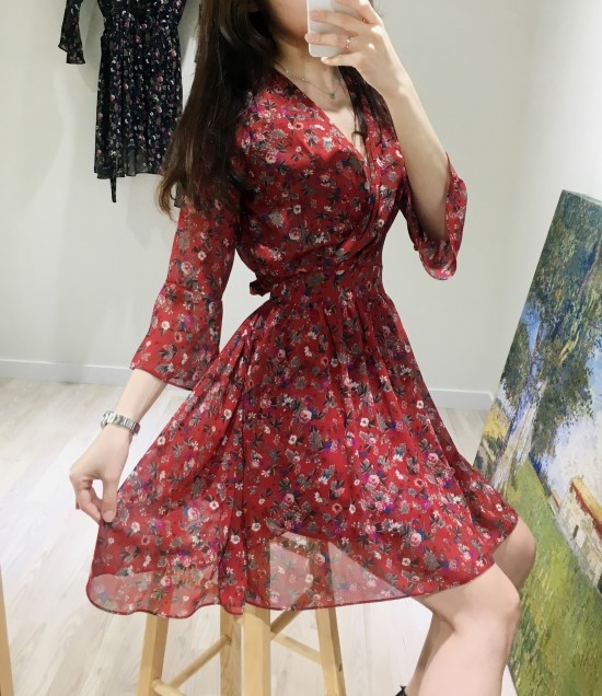 New Women Dress V Neck Flower Chiffon One Piece Fr